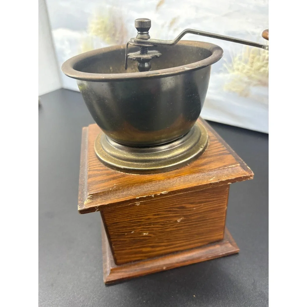 Vintage Wooden Manual Coffee Grinder Hand Crank Mill Rustic Kitchen Decor 8in